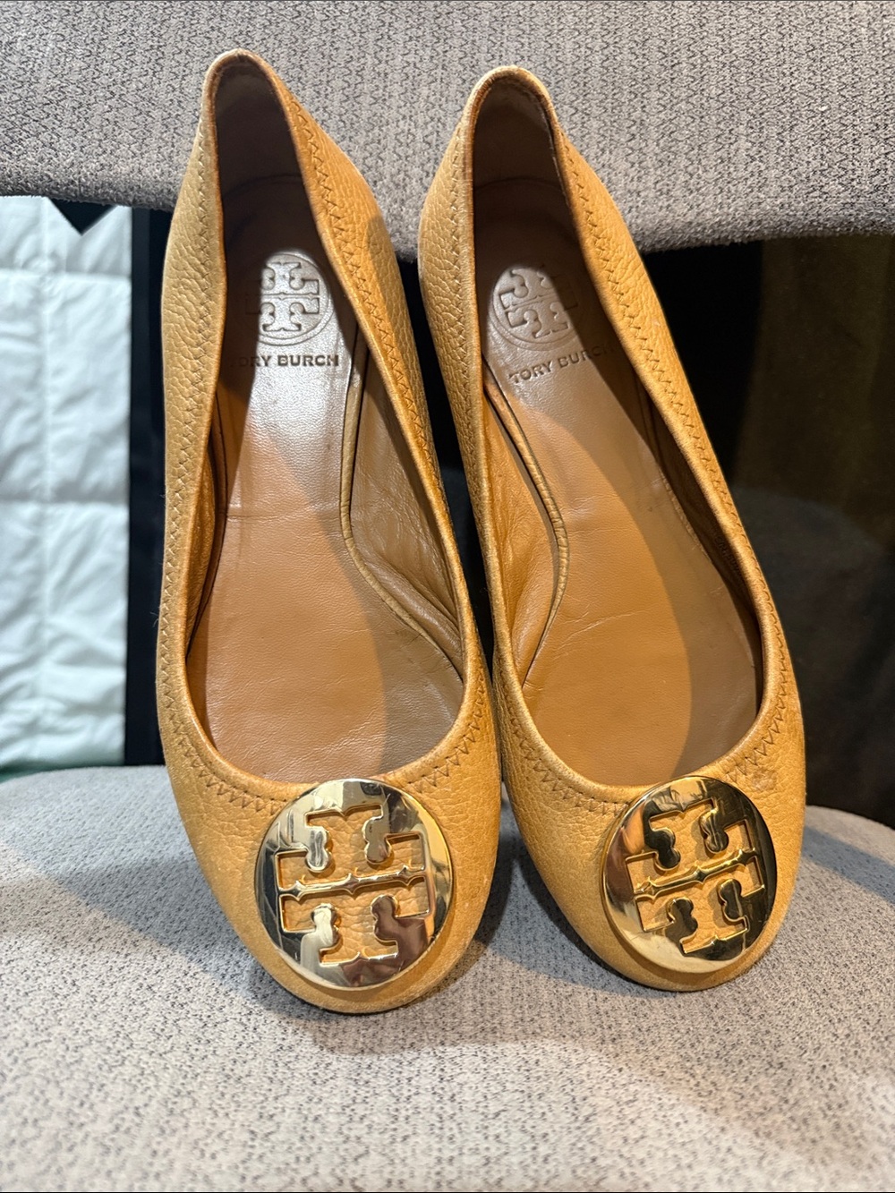 Tory Burch Mustard Leather Logo Round-Toe Flats